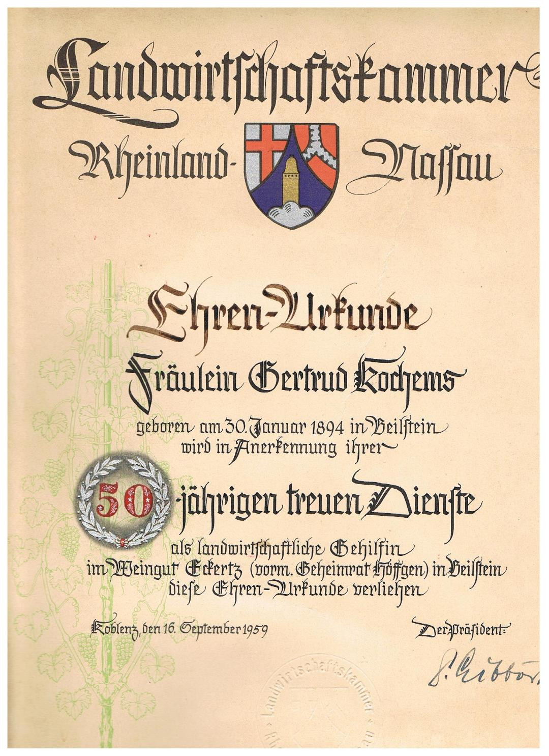 Kochems Gertrud Ehrenurkunde